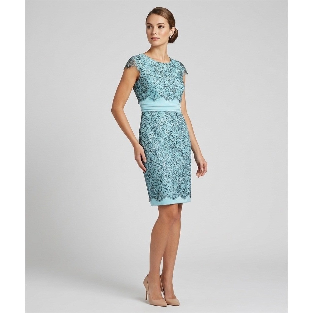 Antonio Melani Mint Green Black Floral Lace Sheath Dress Cap Sleeve Size 10
